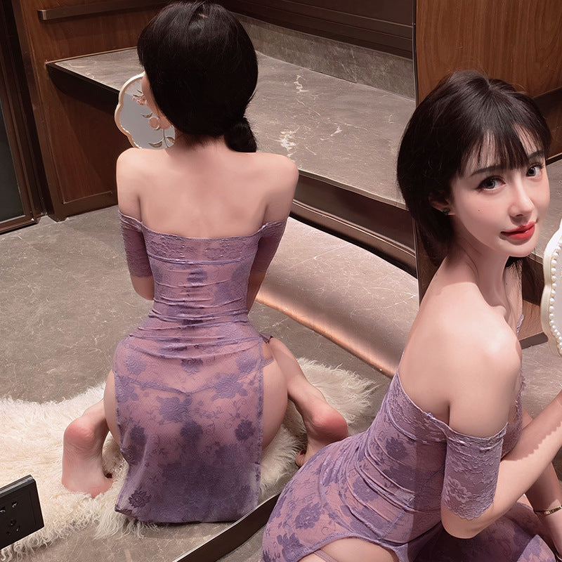 Violet Whisper: Sheer Lace Cheongsam Dress
