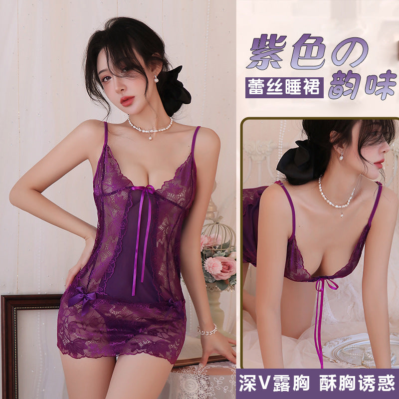 Alluring Lace Nightdress – Seductive Purple Temptation with Front Tie Design